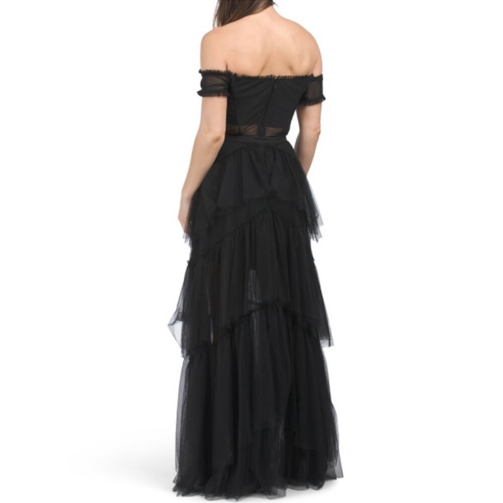 Betsy &‎ Adam Black Ruffle Off the Shoulder Tiered Mesh Ballgown NWT 0 - Picture 2 of 7